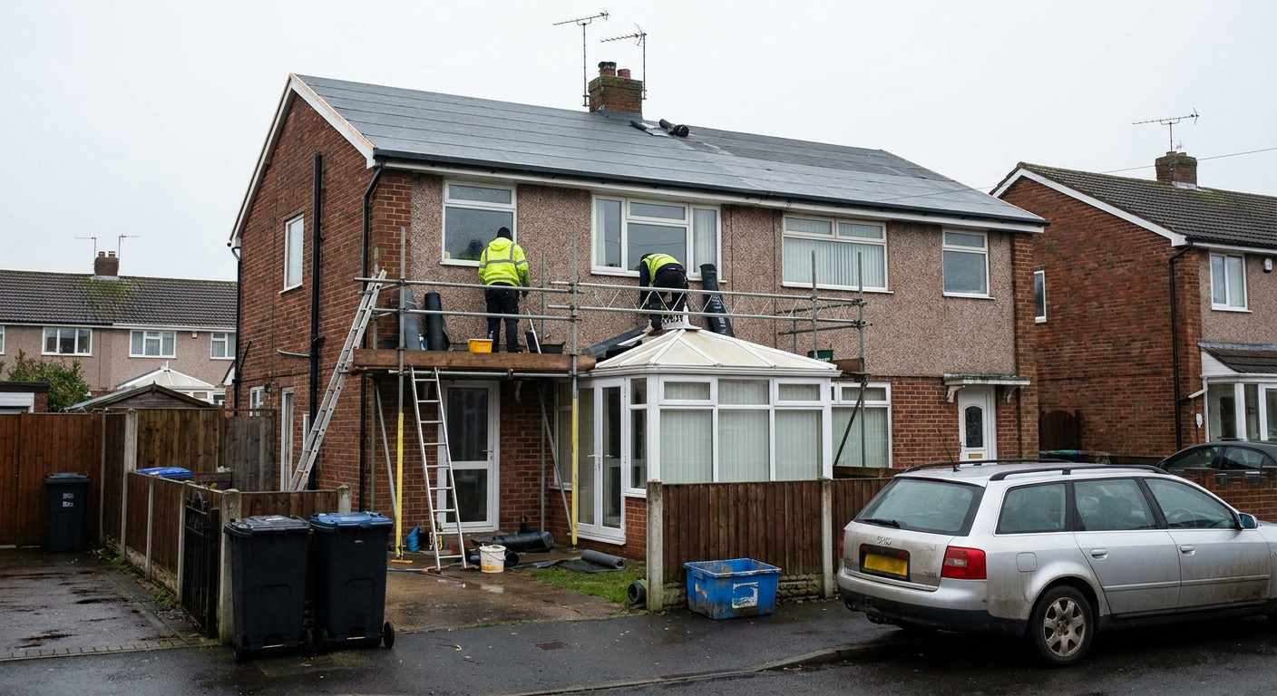 Workers on scaffolding fitting a new tiled roof above a conservatory