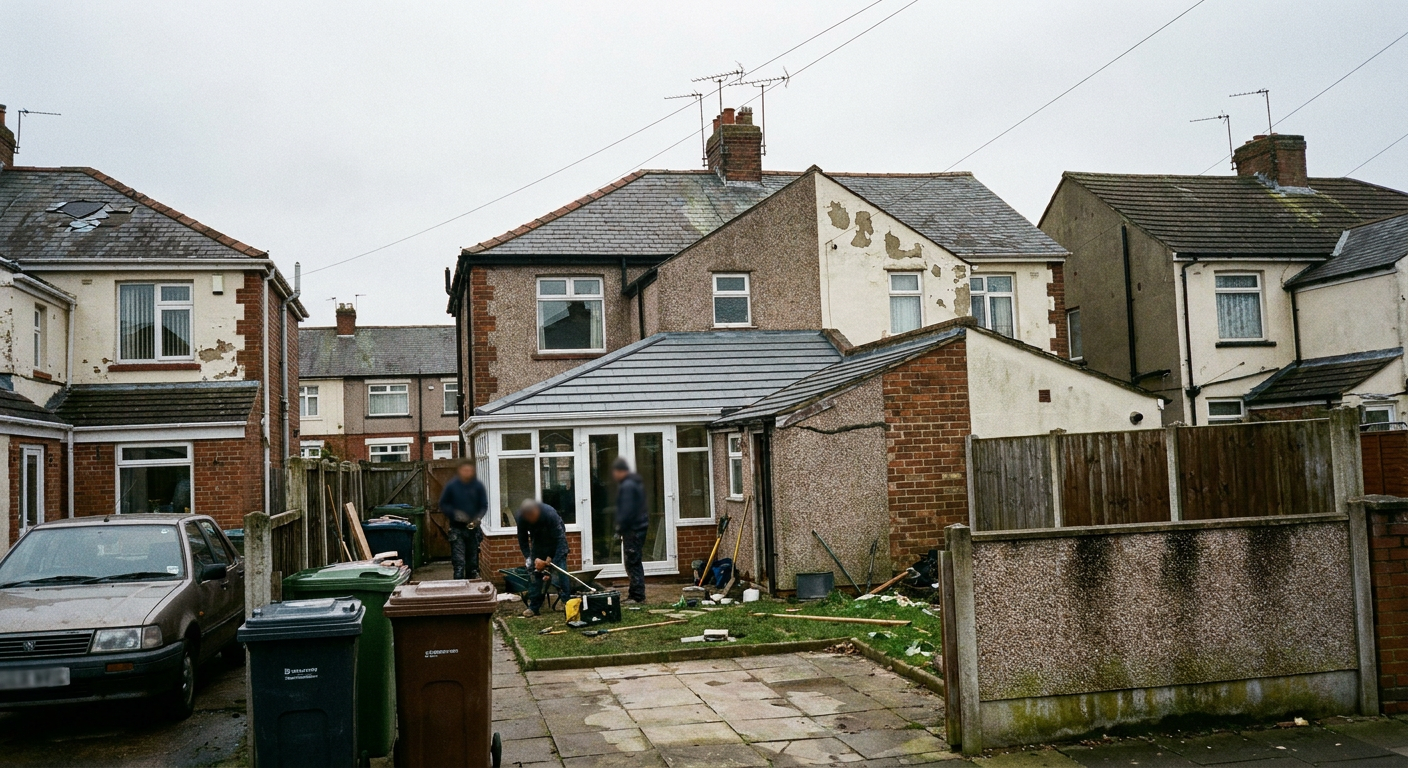 A semi-detached house with a new solid tiled conservatory roof and workers in the garden.