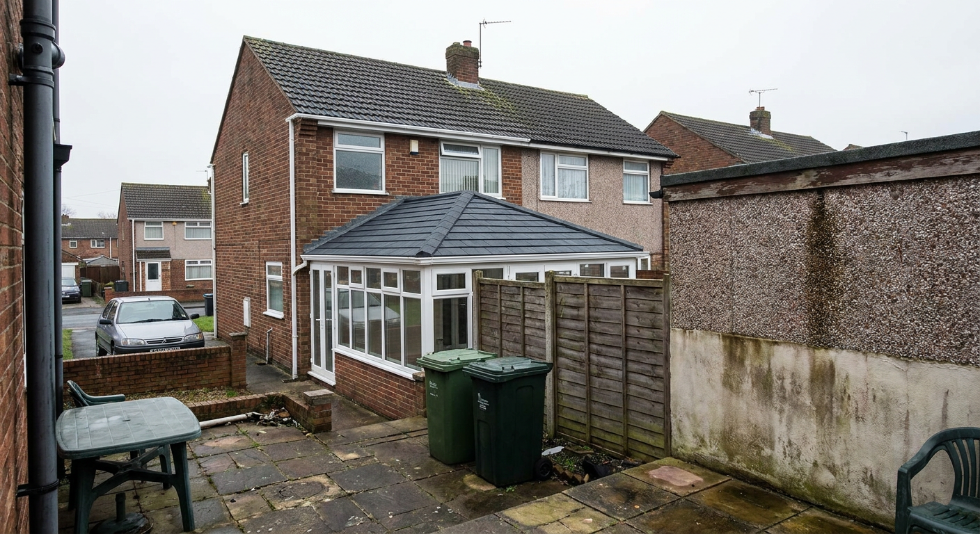 Semi-detached house with a finished dark tiled conservatory roof and rear patio.