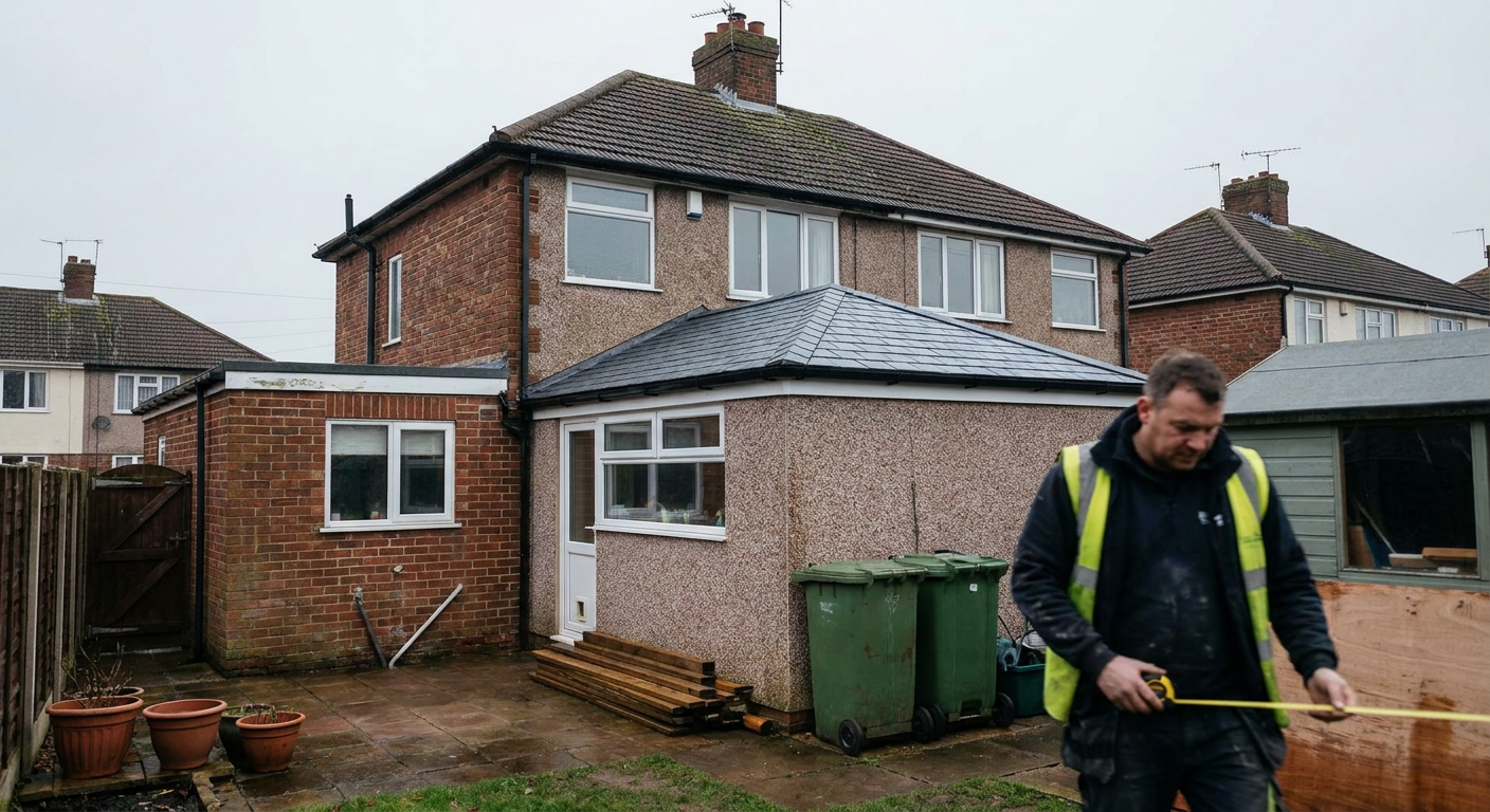 A house with a completed solid tiled conservatory roof and a worker measuring nearby.