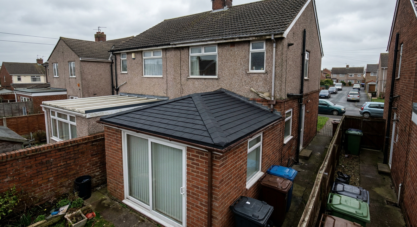 A finished black tiled conservatory roof on a brick semi-detached house