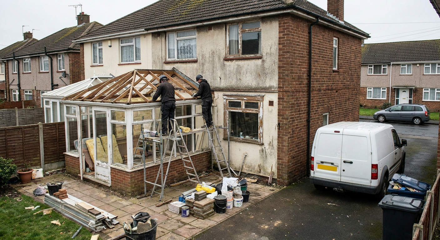Workers replacing the roof frame of a conservatory on a brick house