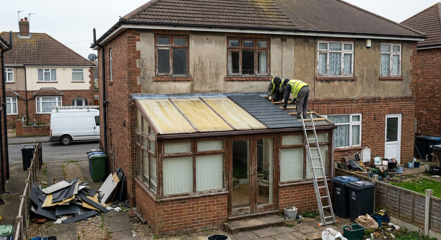 Workers fitting a new tiled roof onto a rear conservatory of a semi-detached house